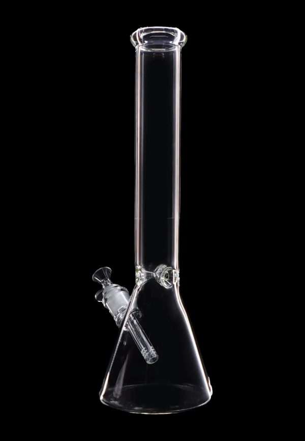 Clear glass bong against a black background.
