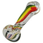 A close-up of the Worked Rasta Hand Pipe, showing the red, yellow, and green striped glass design in a side view.