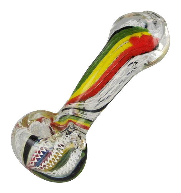 A close-up of the Worked Rasta Hand Pipe, showing the red, yellow, and green striped glass design in a side view.
