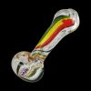 A side view of the Worked Rasta Hand Pipe, showcasing the red, yellow, and green glass design.