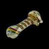 A close-up of the Worked Rasta Spoon Glass Pipe, showing a curved glass pipe with red, yellow, and green details against a black background.