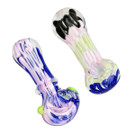 A close-up, angled view of the Worked Slime Strands Hand Pipe, showing colorful strands within the clear glass.