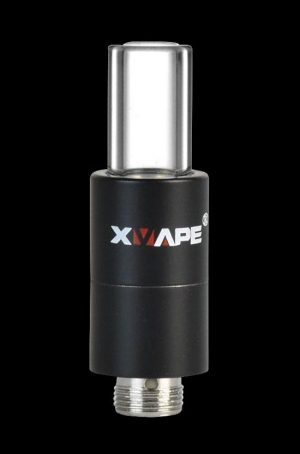 A close-up, angled view of the XVAPE Cricket+ Atomizer, showcasing its metallic finish and threaded connection.