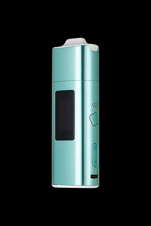Teal cannabis vaporizer pen with digital display.
