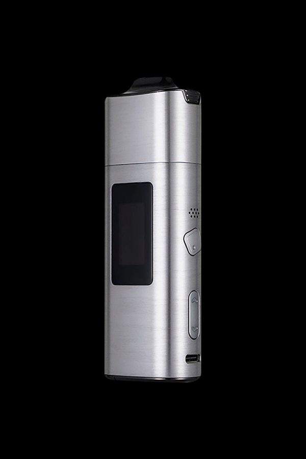 Silver cannabis vaporizer with digital display.