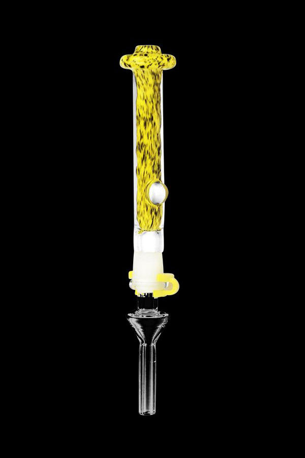 Glass cannabis oil rig with yellow accents on a black background.