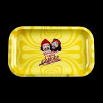 Yellow metal rolling tray featuring Cheech & Chong's "Up in Smoke" 40th anniversary logo.