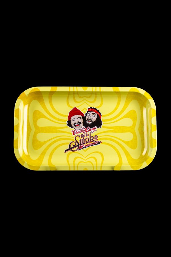 Yellow metal rolling tray featuring Cheech & Chong's "Up in Smoke" 40th anniversary logo.