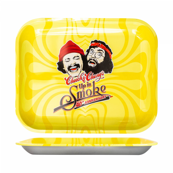 Overhead view of the Cheech & Chong 40th Anniversary Yellow Rolling Tray, showcasing its bright yellow surface.
