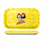 Overhead view of the Cheech & Chong 40th Anniversary Yellow Rolling Tray, showcasing a bright yellow surface with a simple, flat design.