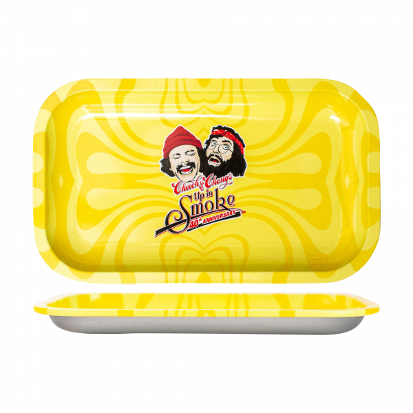 Overhead view of the Cheech & Chong 40th Anniversary Yellow Rolling Tray, showcasing a bright yellow surface with a simple, flat design.