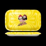 The Cheech & Chong 40th Anniversary Yellow Rolling Tray is shown in a top-down view, featuring a bright yellow surface and curved edges.