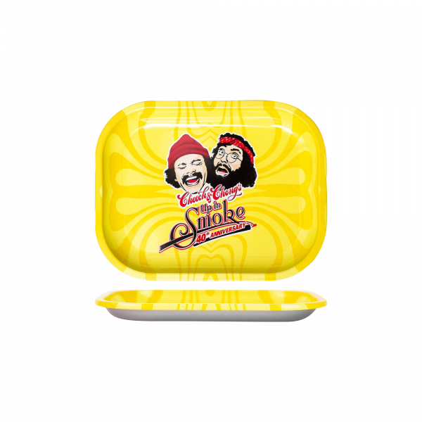 Overhead view of the Cheech & Chong 40th Anniversary Yellow Rolling Tray, showing its smooth, bright yellow surface.