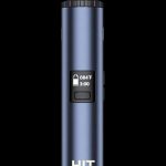 Blue cannabis vaporizer with digital temperature and timer display.