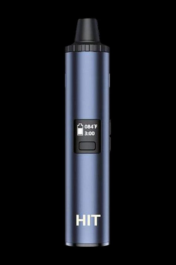 Blue cannabis vaporizer with digital temperature and timer display.