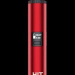 Red cannabis vaporizer pen with digital temperature and timer display.