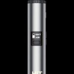 Sleek silver cannabis vaporizer pen with digital display.