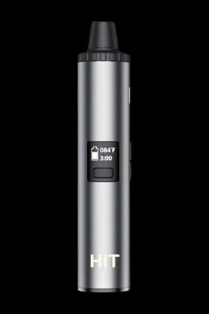 Sleek silver cannabis vaporizer pen with digital display.