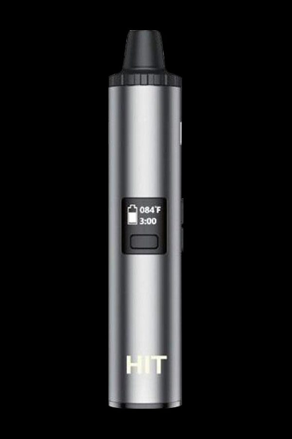 Sleek silver cannabis vaporizer pen with digital display.