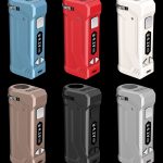 Front view of the Yocan UNI Pro Universal Vaporizer, a sleek silver device with a rounded top, set against a black background.