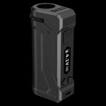 A slightly angled, close-up view of the sleek, black Yocan UNI Pro Universal Vaporizer, showcasing its modern design.