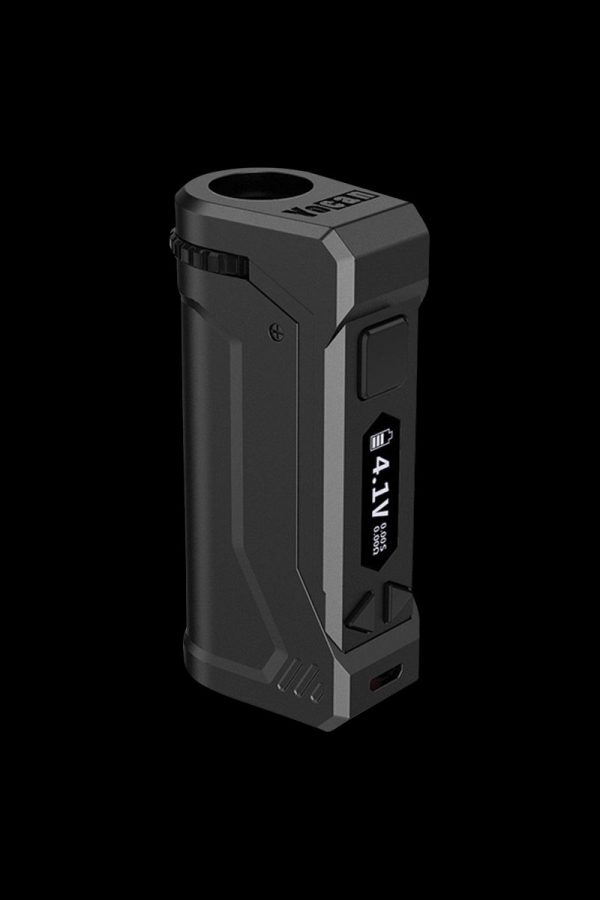 A slightly angled, close-up view of the sleek, black Yocan UNI Pro Universal Vaporizer, showcasing its modern design.