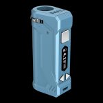 Front view of the Yocan UNI Pro Universal Vaporizer, a sleek, silver-toned device with a minimalist design against a dark background.