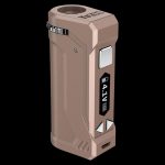 Front view of the Yocan UNI Pro Universal Vaporizer, a sleek, dark-colored device with button details and a metallic accent.
