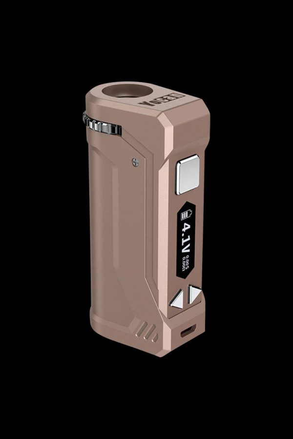 Front view of the Yocan UNI Pro Universal Vaporizer, a sleek, dark-colored device with button details and a metallic accent.
