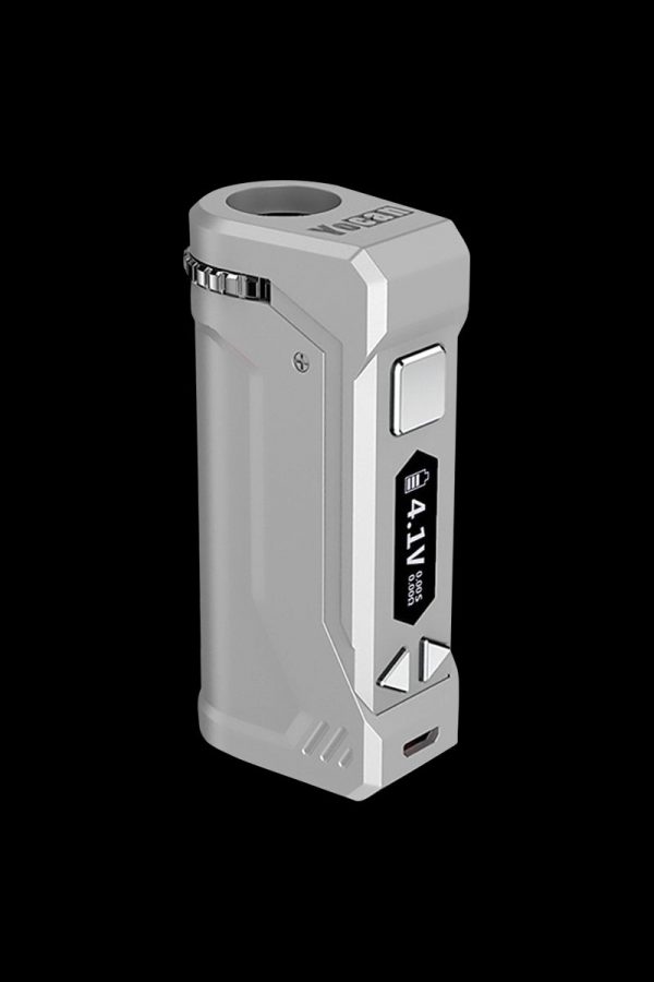A sleek, angled studio shot of the Yocan UNI Pro Universal Vaporizer, showcasing its metallic finish and compact design.
