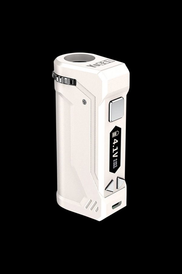 A front view of the Yocan UNI Pro Universal Vaporizer, showing the sleek, silver-toned device against a plain white backdrop.