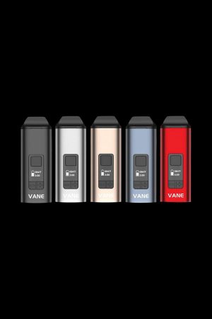 Front view of the Yocan Vane Dry Herb Vaporizer, a sleek, metallic device presented against a dark, neutral background.