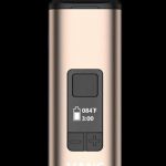 Front view of the Yocan Vane Dry Herb Vaporizer, displaying a digital temperature readout on its sleek, metallic body.