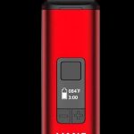 Front view of the Yocan Vane Dry Herb Vaporizer, a sleek, red device with a digital display visible on its side.