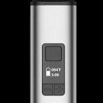 Front view of the Yocan Vane Dry Herb Vaporizer, displaying a sleek, metallic finish with a digital display.