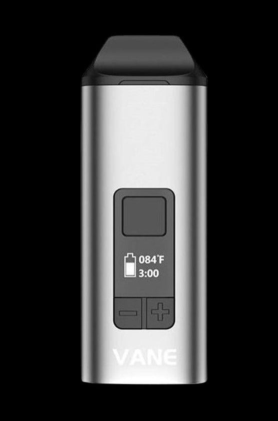 Front view of the Yocan Vane Dry Herb Vaporizer, displaying a sleek, metallic finish with a digital display.