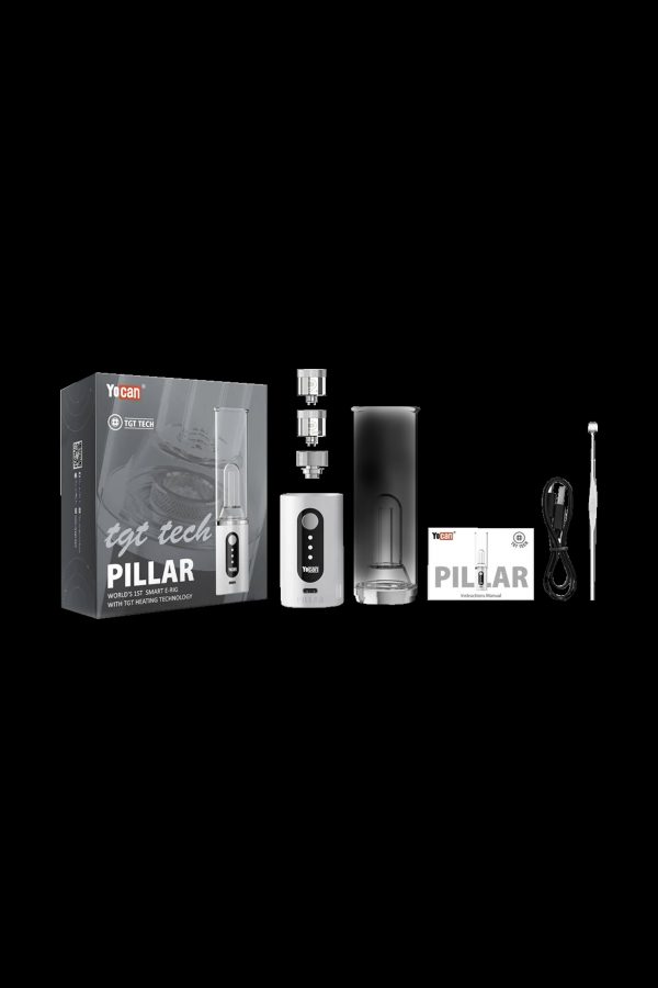 Yocan TGT Tech Pillar vaporizer kit with box, device, accessories, and instruction manual.