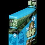 Front view of the Zig Zag Hemp Wraps packaging, showcasing the brand's logo and a colorful, textured design.