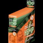 Front view of the Zig Zag Hemp Wraps package with bold lettering and a vibrant color scheme, angled slightly to the right.