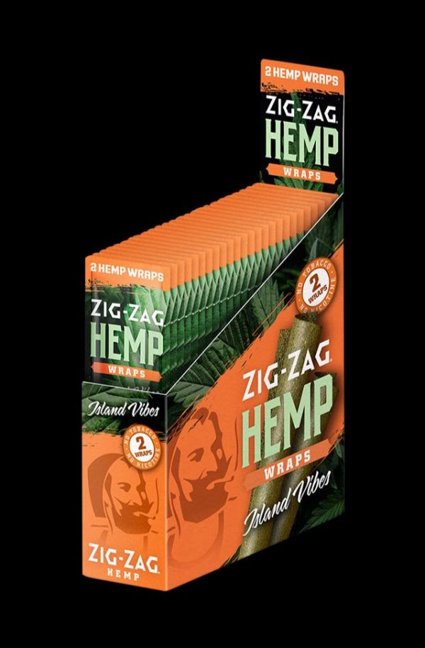 Front view of the Zig Zag Hemp Wraps package with bold lettering and a vibrant color scheme, angled slightly to the right.