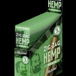 Front view of the Zig Zag Hemp Wraps package, showcasing bold lettering and a dark background.