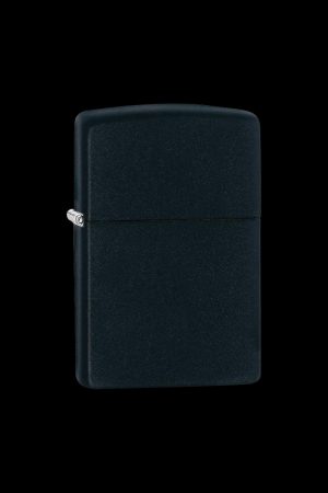 Front view of the Zippo Black Matte Classic Lighter, showcasing its sleek, dark finish and rectangular shape against a plain background.