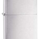 A front view of the Zippo Brushed Chrome Classic Lighter, showcasing its sleek, metallic finish and rectangular form.