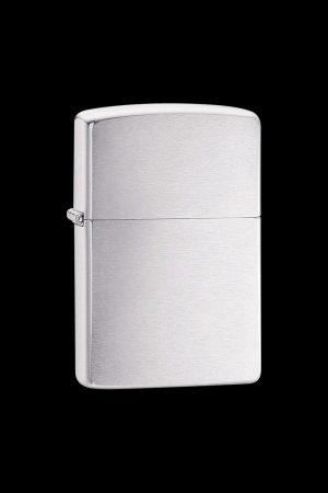 Front view of the Zippo Brushed Chrome Classic Lighter, showcasing its sleek, metallic finish and simple rectangular form.