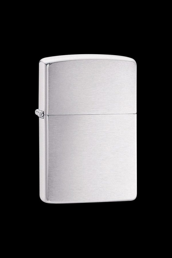 Front view of the Zippo Brushed Chrome Classic Lighter, showcasing its sleek, metallic finish and simple rectangular form.