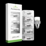 A close-up of the 5-pack Airistech HeadBanger Dab Replacement Coil packaging, displaying the individual coils within clear plastic.