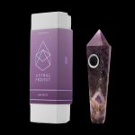 Amethyst gemstone pipe and its branded box, featuring a geometric logo and the text “Astral Project.”
