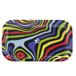 Overhead view of the Famous Brandz "Amnesia" Rolling Tray, displaying a colorful, swirling pattern on its flat surface.