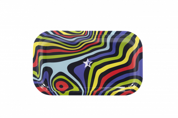 Overhead view of the Famous Brandz "Amnesia" Rolling Tray, displaying a colorful, swirling pattern on its flat surface.