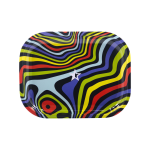 Front view of the Famous Brandz "Amnesia" Rolling Tray, displaying a swirling, colorful pattern against a solid black background.
